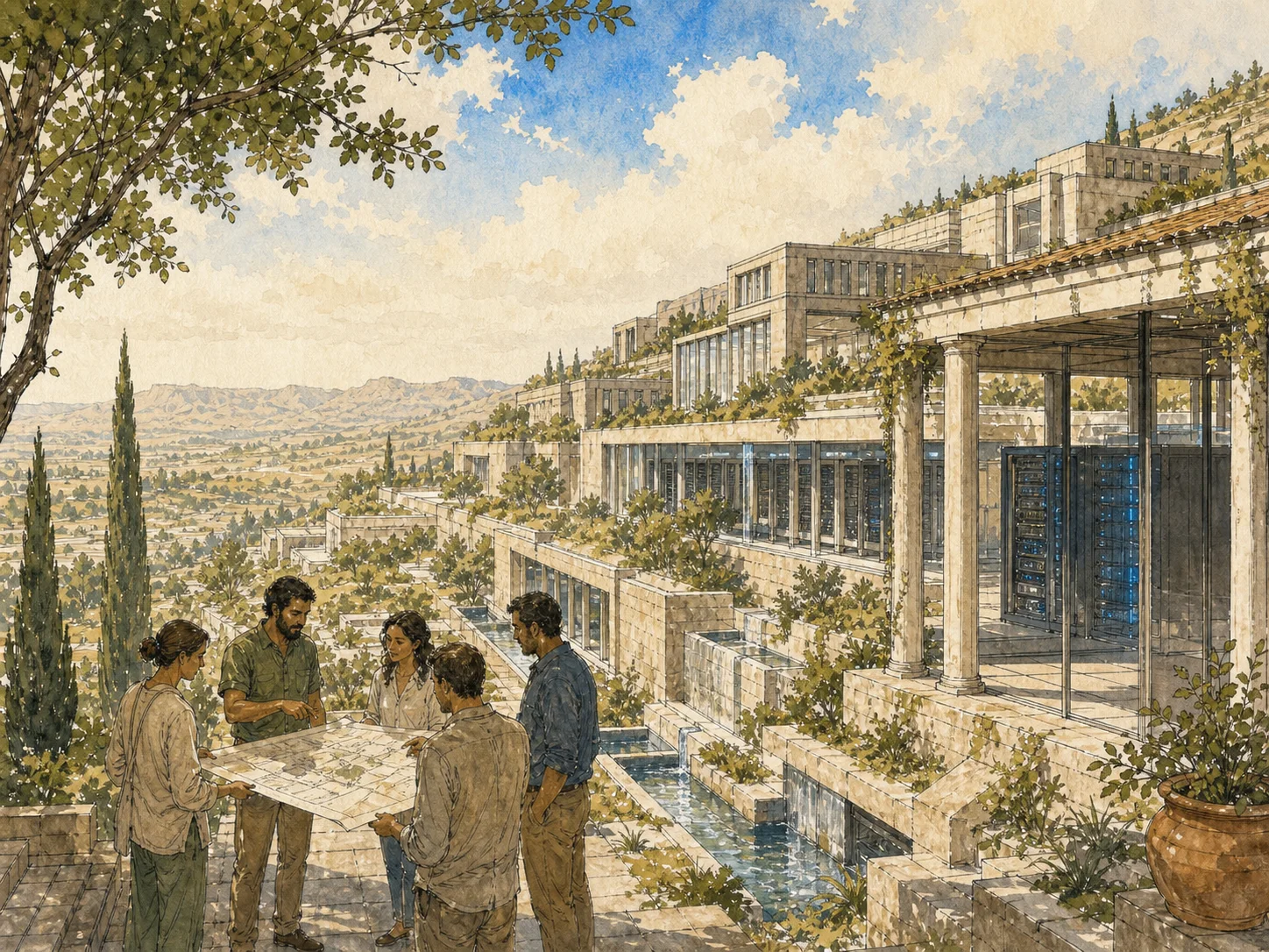 Researchers reviewing long-term memory infrastructure across a terraced campus