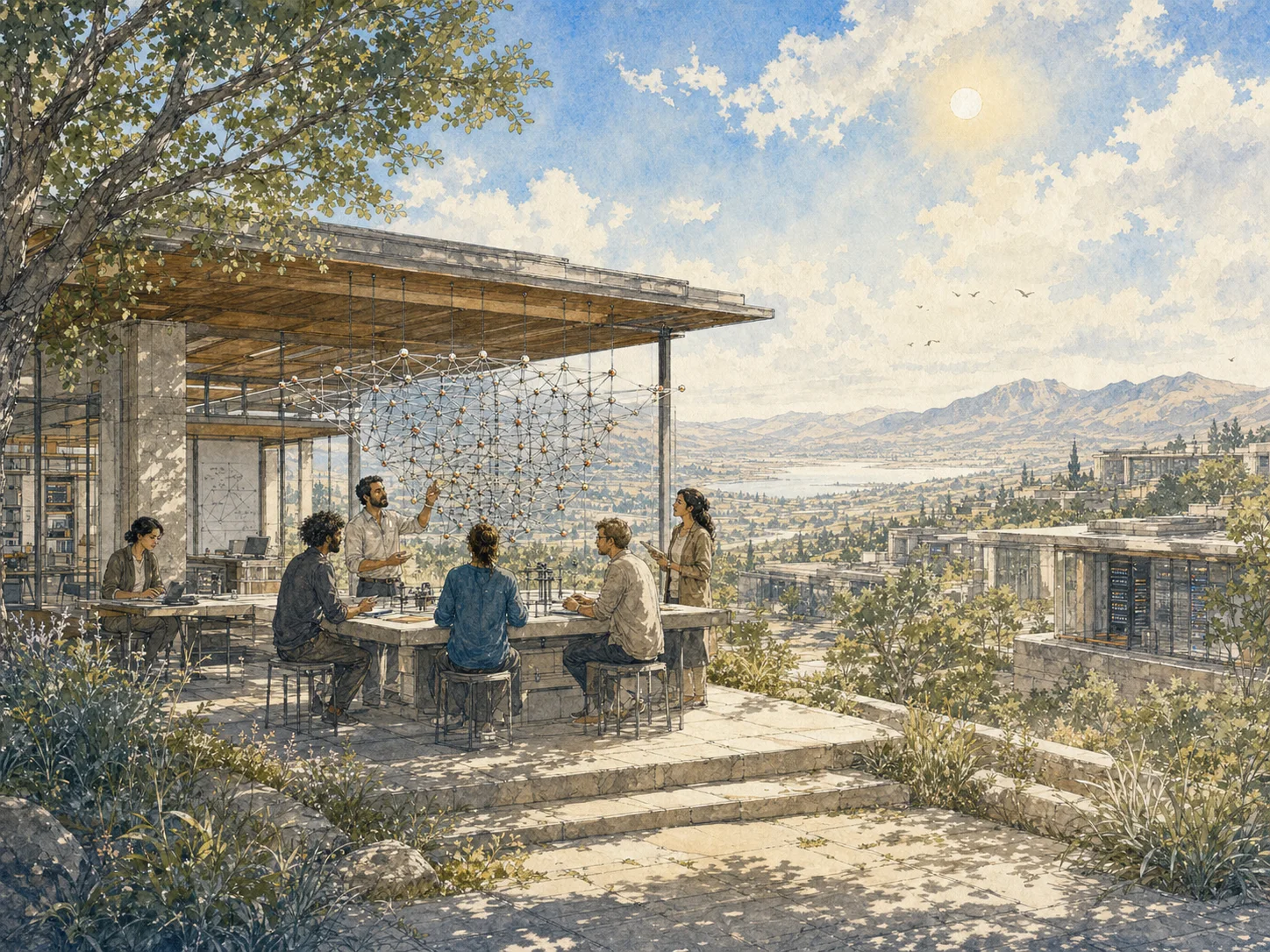 A research team studying a physical neural-memory network in a sunlit laboratory