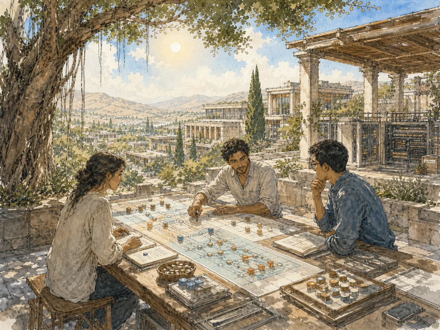 Researchers mapping information through a learning system on an open-air campus