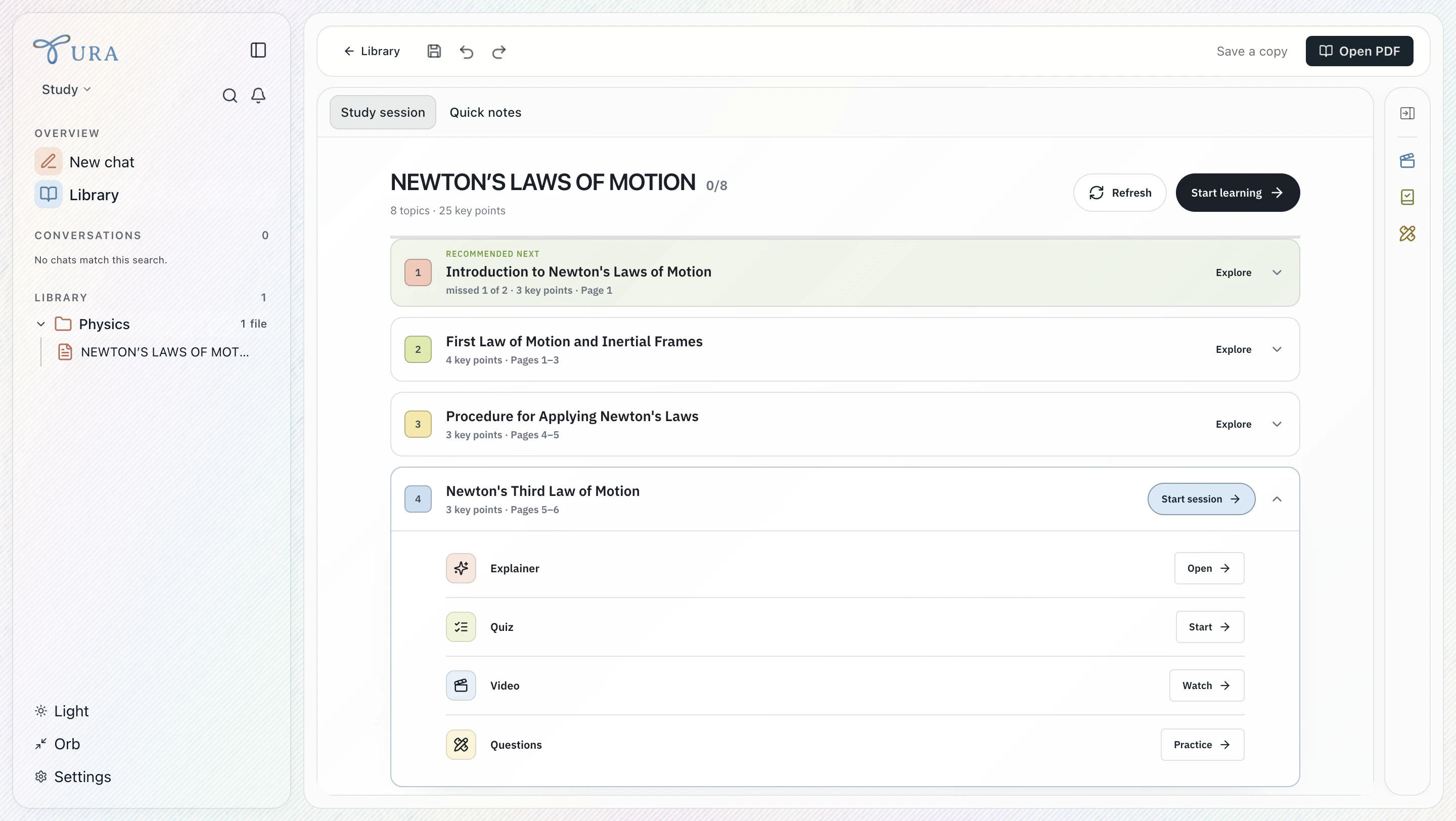 The Tura learning space showing a Newton's laws course map with an expanded lesson offering an explainer, quiz, video, and practice questions