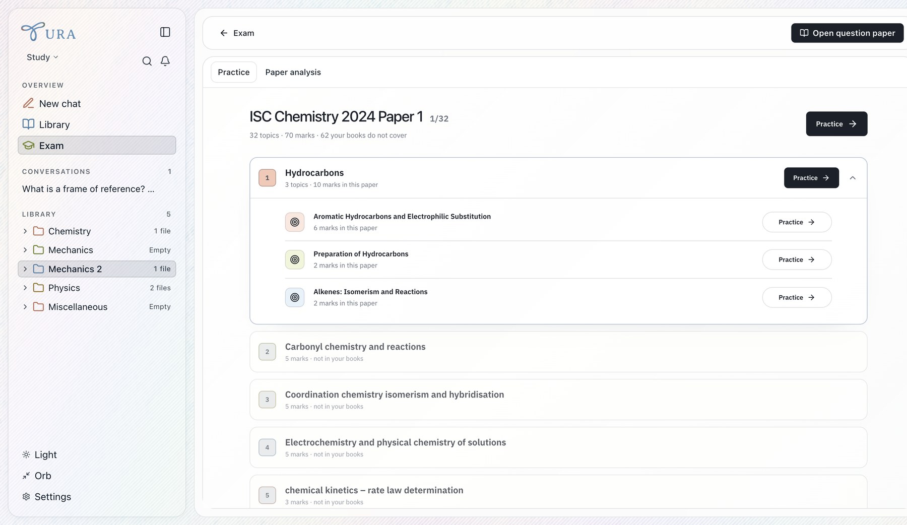 The Tura exam screen breaking a chemistry paper down by topic and marks