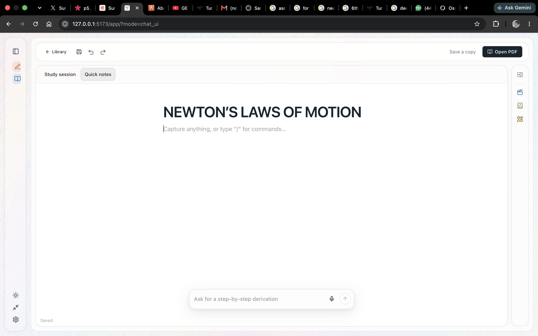 The Tura quick-notes workspace for Newton’s laws of motion